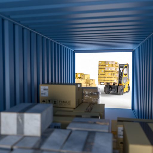 Inside of blue cargo container showcasing boxes and forklift in background. 3d render